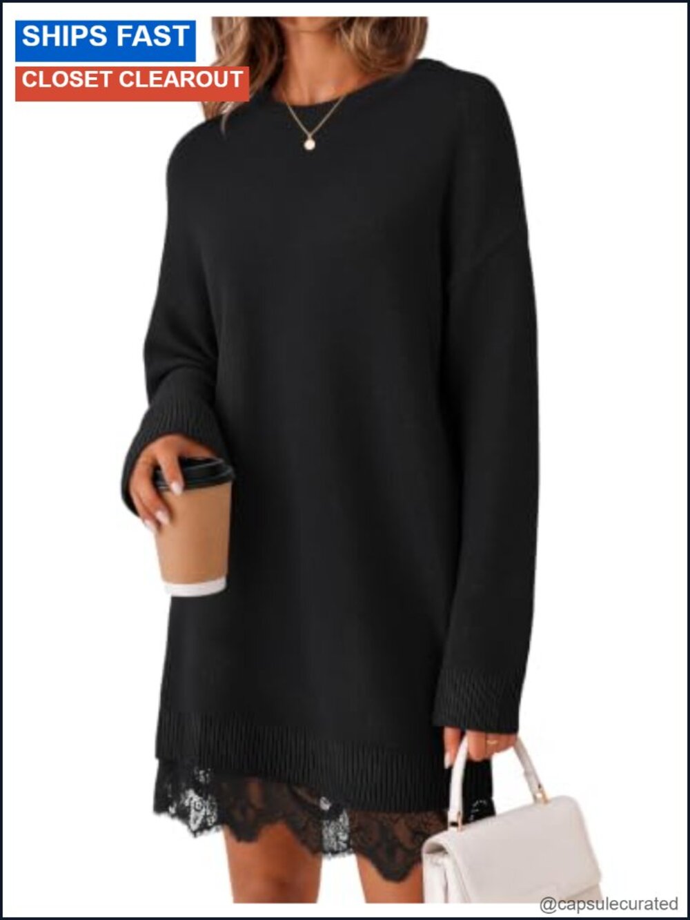 Oversized Lace Hem Knit Sweater Dress Long Sleeve Crewneck Mini